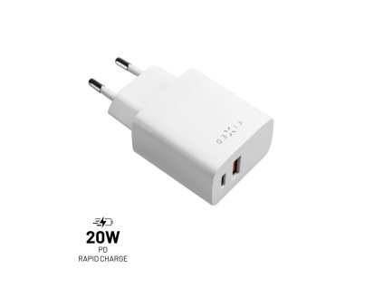 Sieťová nabíjačka FIXED s výstupom USB-C a USB, podpora PD a QC 3.0, 20 W, biela