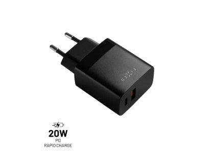 Sieťová nabíjačka FIXED s výstupom USB-C a USB, podpora PD a QC 3.0, 20 W, čierna