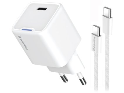 ColorWay 1x USB-C/ sieťová nabíjačka/ GaN/ PD/ PPS/ 25W/ 100cm kábel v balení/ biela