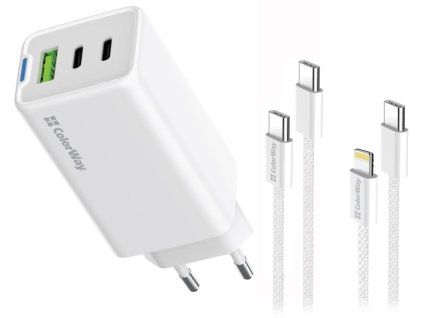 ColorWay 2x USB-C, 1x USB-A/ Sieťová nabíjačka/ GaN/ PD/ PPS/ 65W/ 2x káble v balení, USB-C-USB-C, USB-C-Lightning/ Biela