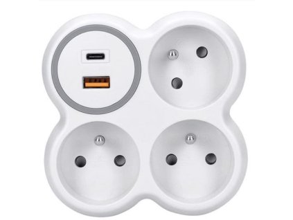 Solight hub, 3x 16A, rýchlonabíjačka USB A+C 20W PD, bielo-sivá