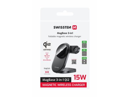 SWISSTEN SKLADACIA BEZDRÔTOVÁ NABÍJAČKA Qi2 MagBase 3v1 BLACK (kompatibilná s MagSafe)