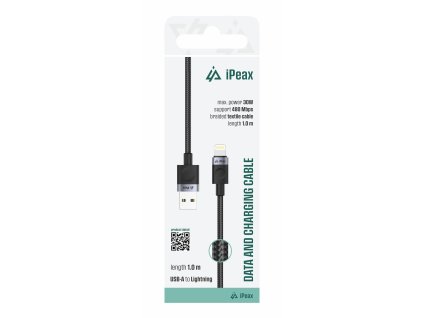 iPEAX TEXTILNÍ KABEL USB-A / LIGHTNING 1M, USB 2.0 ČERNÝ