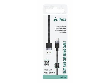 iPEAX TEXTILNÍ KABEL USB-A / USB-C 1,5M, USB 2.0 ČERNÝ