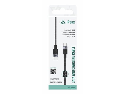 iPEAX TEXTILNÍ KABEL USB-C / USB-C 1M, USB 2.0 ČERNÝ