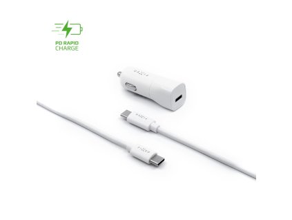 Nabíjačka do auta FIXED s výstupom USB-C a káblom USB-C/USB-C, podpora PD, 1 meter, 18 W, biela