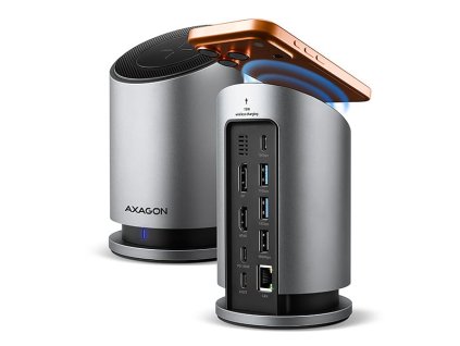 AXAGON HMC-WL9, USB 10Gbps hub s Qi, 3x USB-A, USB-C, HDMI & DP 4k/60Hz, RJ-45 GLAN, PD 100W, kabel USB-C 60cm