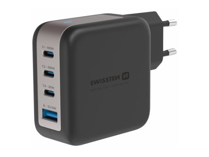 Swissten síťový adaptér gan 3x usb-c 100w pd + 1x usb-a 18w qc černý