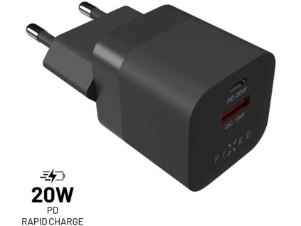 Mini sieťová nabíjačka FIXED s výstupom USB-C a USB, podpora PD a QC 3.0, 20 W, čierna