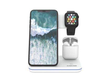 Bezdrôtová nabíjačka CANYON WS-302W, 3v1, vstup 9V/2A, 12V/2A, výstup 15W/10W/7,5W/5W, typ C na USB-A, biela