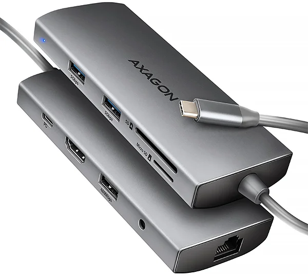 AXAGON HMC-8HLSA, rozbočovač USB 5Gb/s, 3x USB-A, HDMI 4k/60Hz, RJ-45 GLAN, SD/microSD, audio, PD 100W