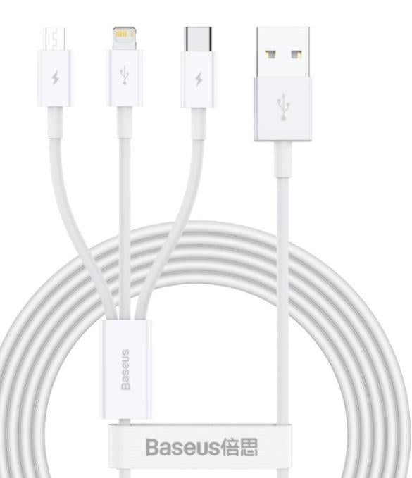 Baseus Superior 3v1 USB/microUSB, Lightning, USB-C 1,5 m 3,5 A biely dátový kábel