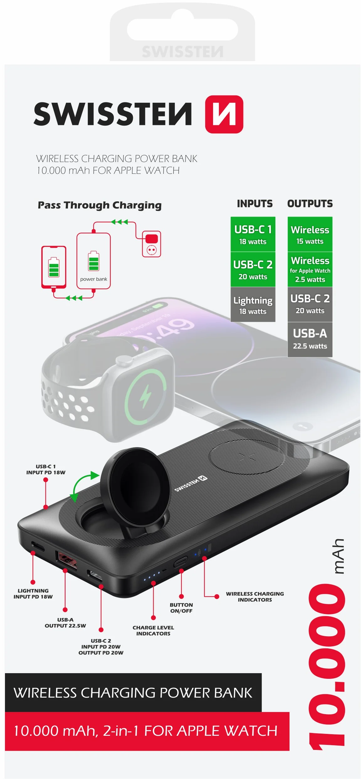 SWISSTEN powerbank 10000 mAh 2v1 PRO Apple Watch a MagSafe
