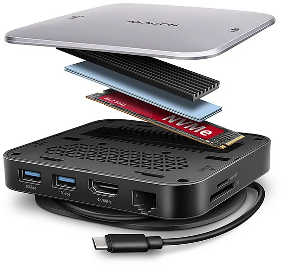 AXAGON HMC-UFO, rozbočovač USB 10 Gb/s, 2x USB-A, USB-C, HDMI 4k/60, RJ-45, slot M.2, SD/mSD, audio, PD