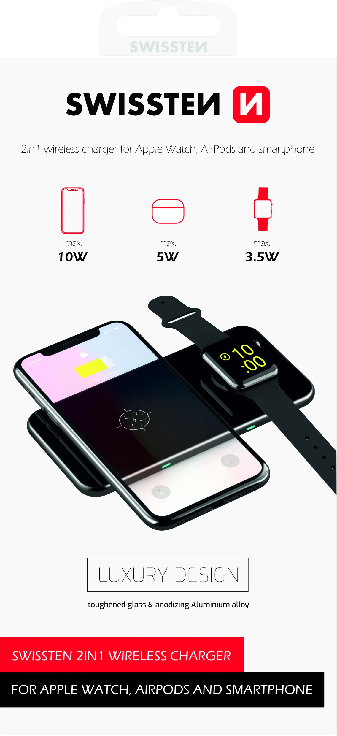 Bezdrôtová nabíjačka SWISSTEN PAD 2v1, čierna