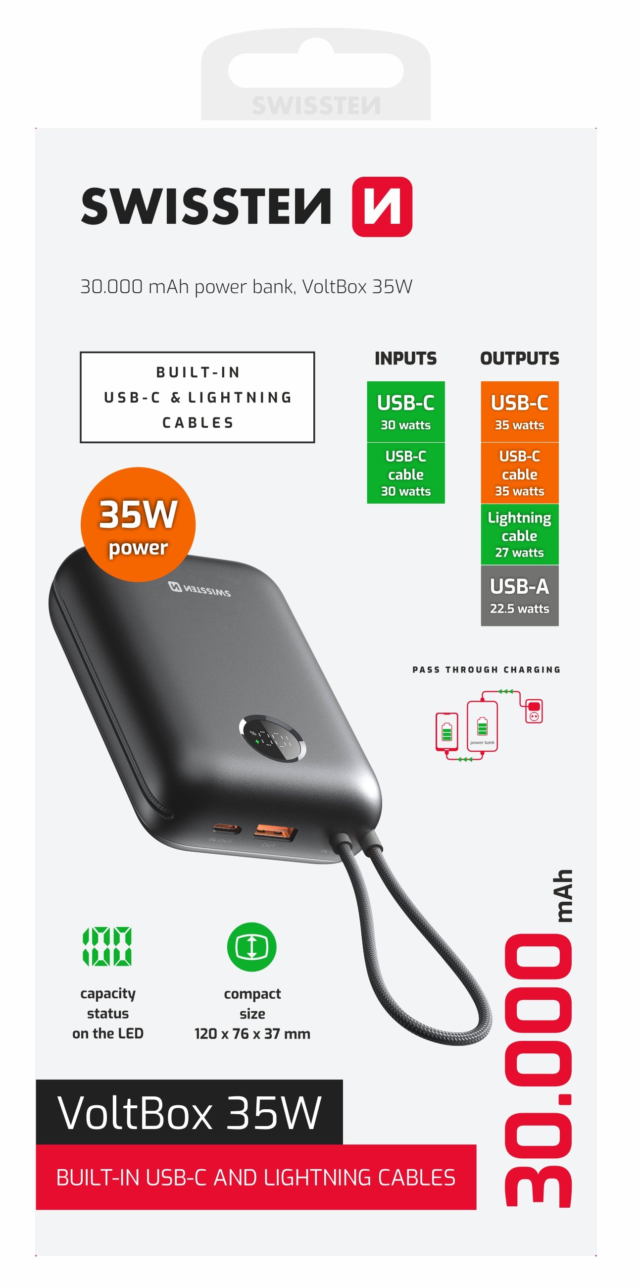 SWISSTEN POWER BANK VOLTBOX 35W 30000 mAh S INTEGROVANÝM USB-C A SVETELNÝMI KÁBLAMI ČIERNA