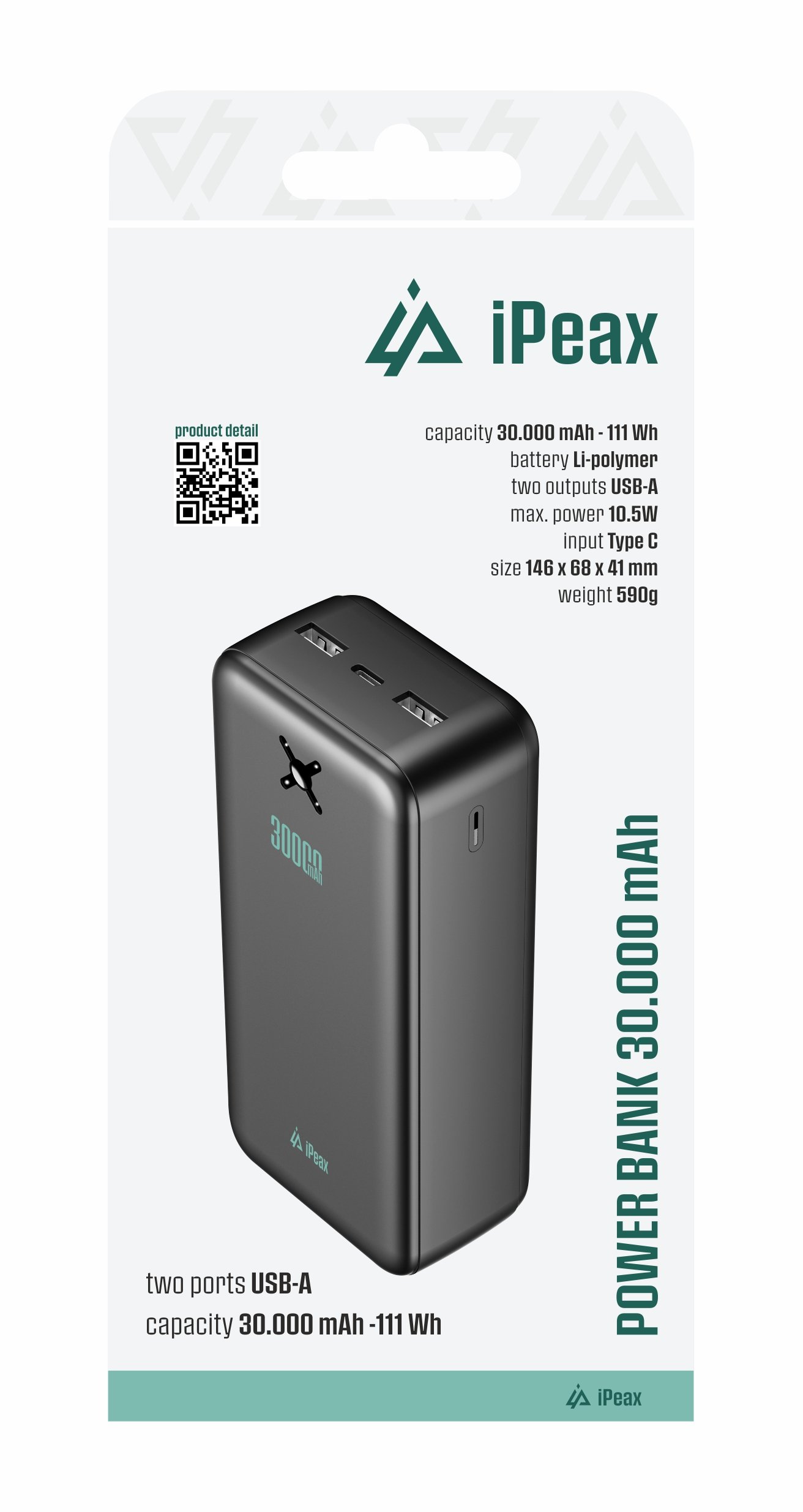 iPEAX POWER BANKA 30000 mAh, 10,5W, 2x USB-A ČERNÁ