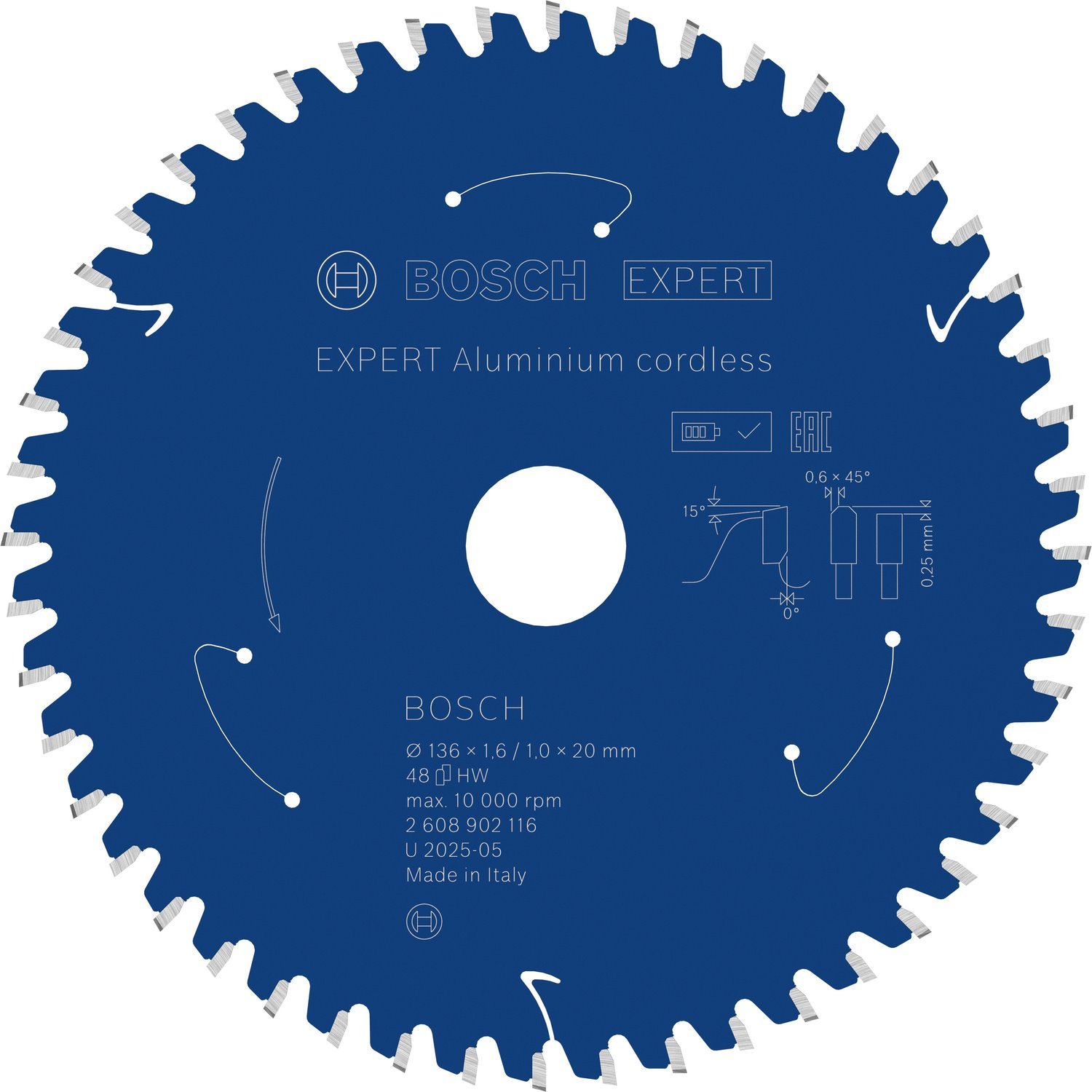 BOSCH Pilový kotouč EXPERT Aluminium cordless pro okružní pilu, 136 × 1,6/1 × 20 mm, T48 (2.608.902.116)