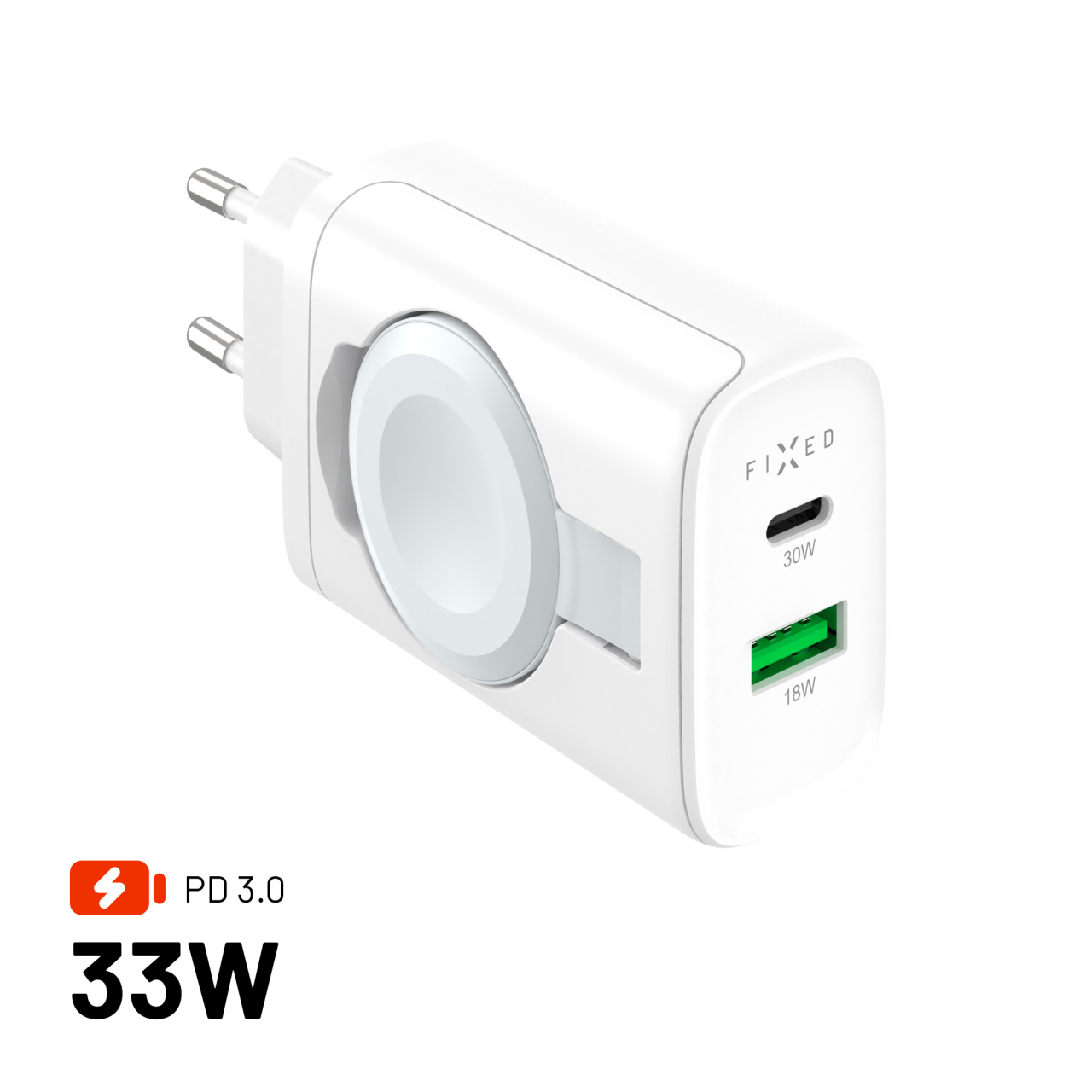 Napájacia zásuvka FIXED s USB-A a USB-C, Apple Watch, 33 W, biela