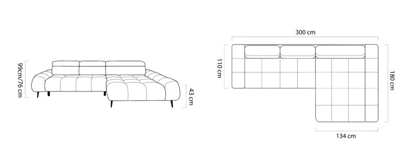 Sedací souprava BLUES S – rozměry 300 x 180 cm, výška 99 / 76 cm a výška sedu 43 cm