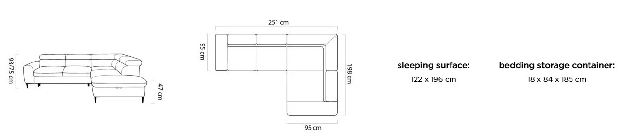 Sedací souprava FLAME L – rozměry 251 x 198 cm, výška 93 / 75 cm a výška sedu 47 cm