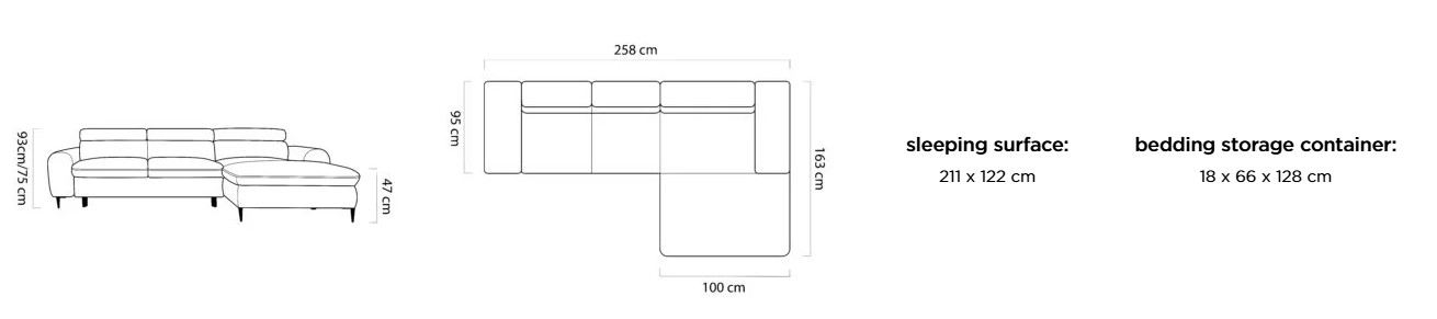 Sedací souprava FLAME S – rozměry 258 x 163 cm, výška 93 / 75 cm a výška sedu 47 cm