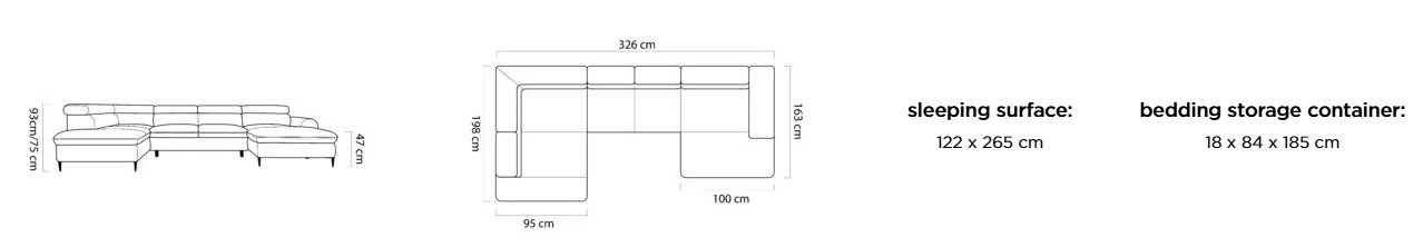 Sedací souprava FLAME XL – rozměry 326 x 198 cm, plocha na spaní 122 x 265 cm a úložný prostor 18 x 84 x 185 cm