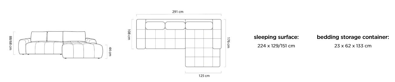 Sedací souprava GOLDEN S – rozměry 291 x 176 cm, výška 88 / 68 cm a výška sedu 44 cm