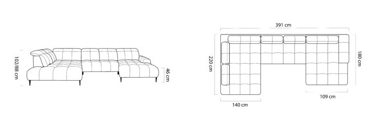 Sedací souprava MIST XL – rozměry 391 x 220 cm, výška 102/88 cm a výška sedu 46 cm