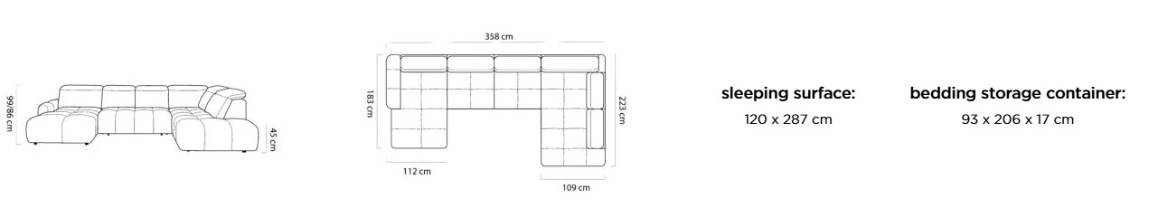 Sedací souprava NORDIC XL – rozměry 358 x 223 cm, plocha na spaní 120 x 287 cm a úložný prostor 93 x 206 x 17 cm