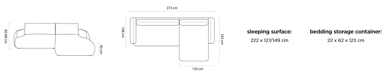 Sedací souprava RAPID S – rozměry 273 x 183 cm, výška 85/68 cm a výška sedu 45 cm