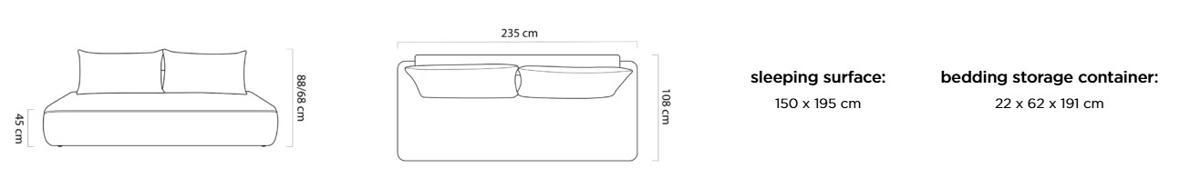 Pohovka SOLIS SOFA – rozměry 235 x 108 cm, plocha na spaní 150 x 195 cm a úložný prostor 22 x 62 x 191 cm