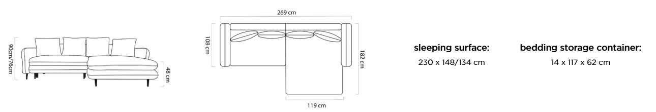Sedací souprava STARIA S – rozměry 269 x 182 cm, plocha na spaní 230 x 148/134 cm a úložný prostor 14 x 117 x 62 cm