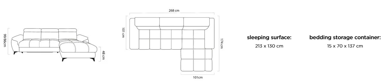 Sedací souprava STONY S – rozměry 268 x 174 cm, plocha na spaní 213 x 130 cm a úložný prostor 15 x 70 x 137 cm