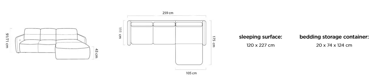 Rohová sedací souprava VERONA S – technický nákres rozměrů 259 × 175 cm a plocha na spaní 120 × 227 cm