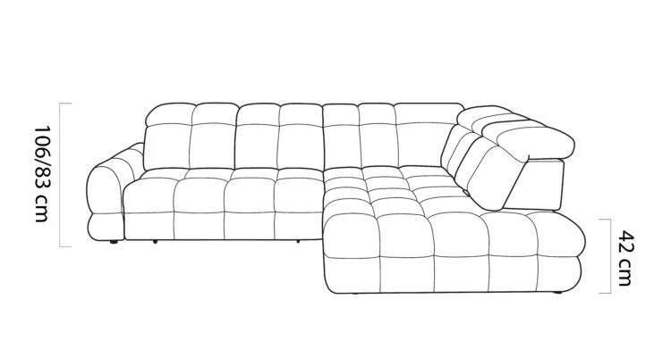 Nákres BELLUGA L: výška podľa polohy opierok 83 až 106 cm a výška sedu 42 cm.