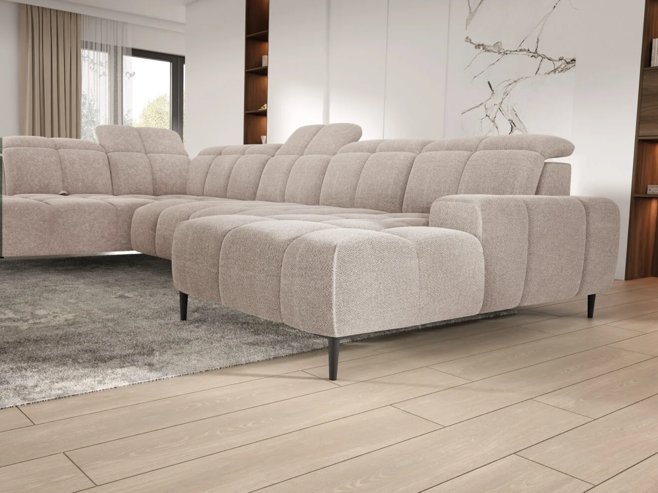 MIST XL: detail polohovatelných opěrek hlavy, prošívaného čalounění a tmavých nožiček.