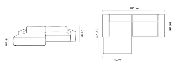 Rohová sedací souprava CAIRO S – rozměry 286 x 171 cm, hloubka hlavní části 107 cm a výška sedu 44 cm