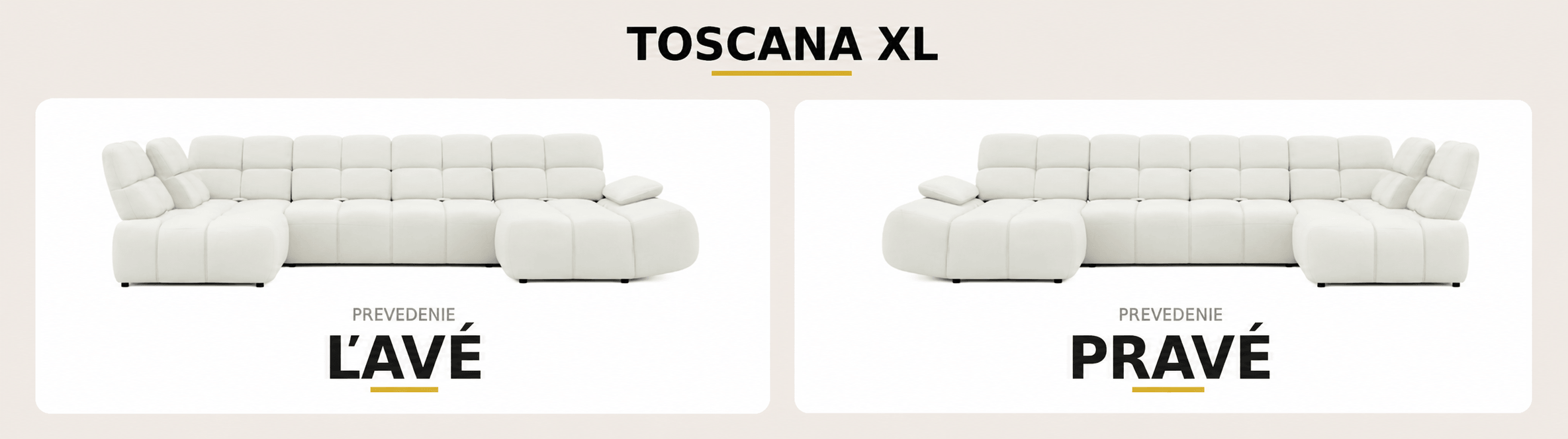 Porovnání levého a pravého provedení rohové sedací soupravy TOSCANA XL v bílém provedení na světlém pozadí