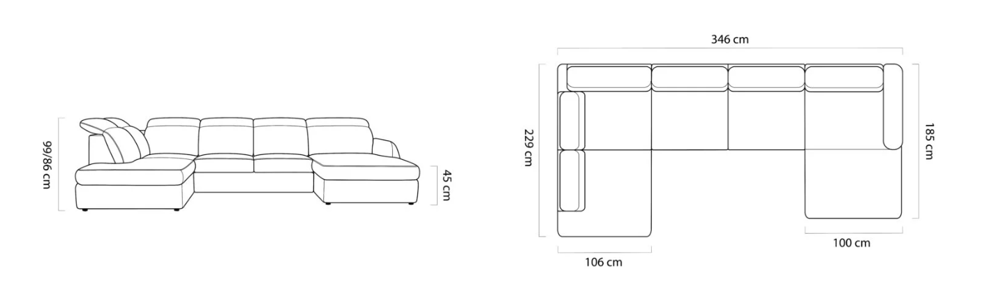 Sedací souprava ALIVE XL – rozměry 346 x 229 x 185 cm, výška 99/86 cm a výška sedu 45 cm