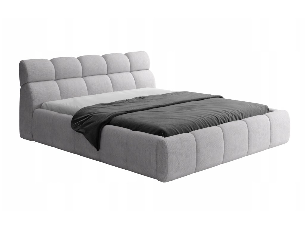 Čalúnená posteľ RELAXO - sivá - nízky moderný dizajn - mäkké čelo - produktová fotografia