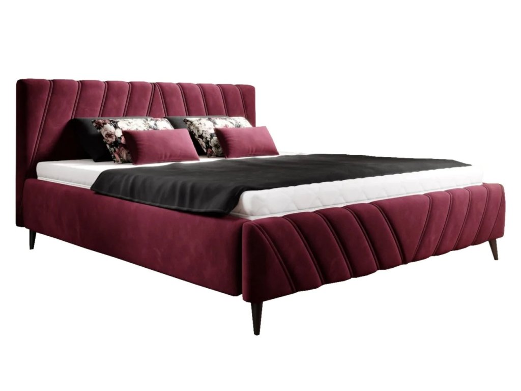 Čalúnená posteľ ROBERT - bordová - luxusné čelo s prešívaním - produktová fotografia