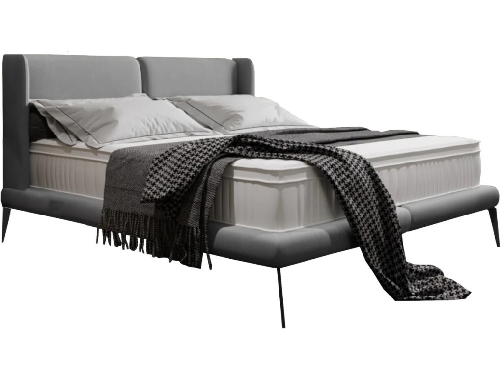 Čalúnená posteľ RONALD - sivá - vysoké mäkké čelo - na nožičkách - produktová fotografia