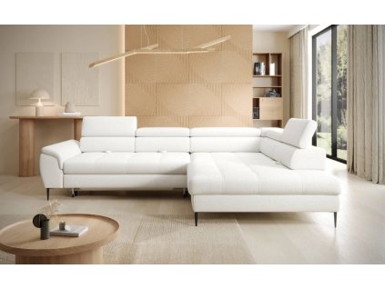 Rohová sedacia súprava SCANDI L v svetlej farbe, moderná obývačka s dreveným obkladom, celkový pohľad spredu