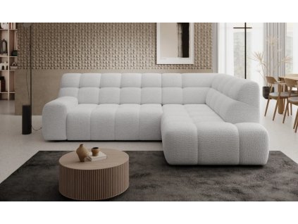 Svetlá sedacia súprava BEACH L v interiéri obývačky s konferenčným stolíkom, celkový pohľad