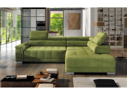 Zelená rohová sedacia súprava ARKO L v modernom interiéri obývačky, celkový pohľad