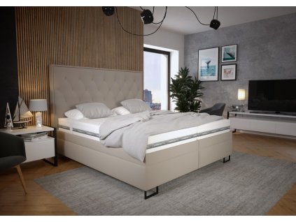 Čalúnená posteľ KERSTIN Blanář v interiéri spálne, šikmý pohľad spredu na posteľ s matracom a nočnými stolíkmi.