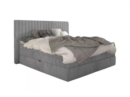 Čalúnená boxspring posteľ MEDINA - sivá - vysoké čelo - produktová fotografia