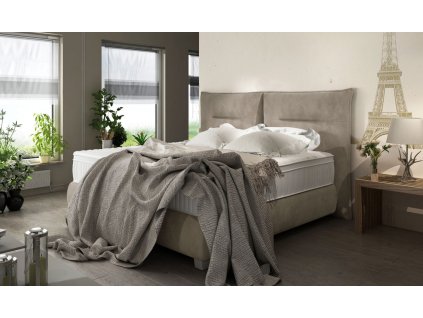 Čalúnená posteľ DAVID - béžová - v útulnej spálni pri okne - celkový pohľad