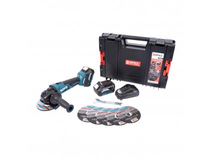 XTLINE Aku úhlová bruska bezuhlíková 18 V, 125 mm + kotouče + 2 baterie 5.0 Ah + nabíječka 3.5 A + box